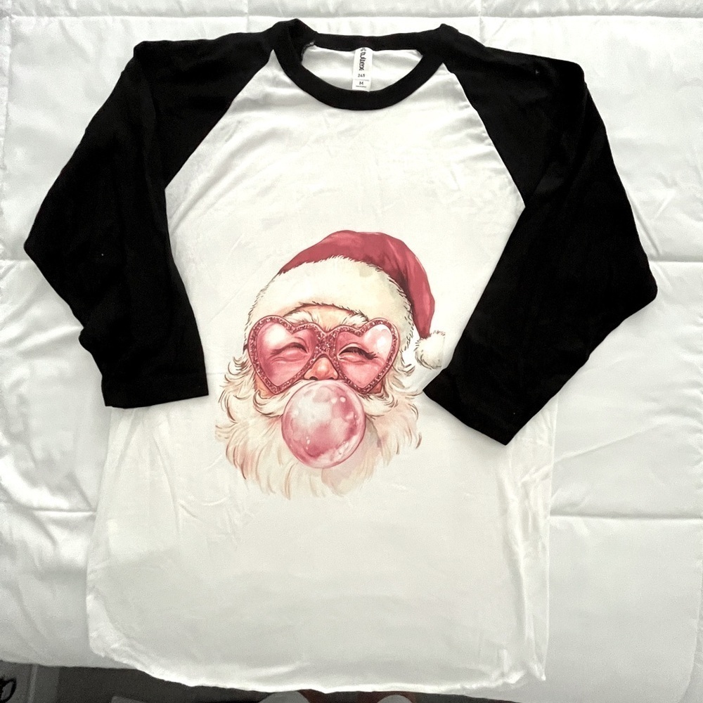 Tultex Black and White Raglan Tee. Santa Blowing a Bubble” size M. NWOT